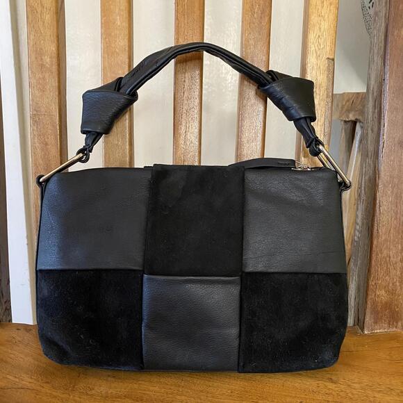 ASOS DESIGN Leather and Suede Weave Handbag Black with Knotted Top Handle - Picture 1 of 10